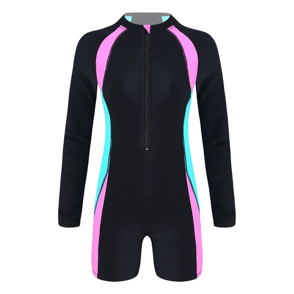 CHICTRY Women Solid Color Long Sleeve Zip Up Shorty Wetsuit UPF 50+ Rashguard Shirts Swimsuit Pink&Blue Large