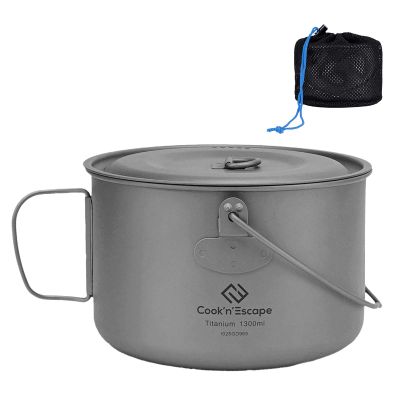 COOK'N'ESCAPE Cookware Pot with with Lid Cookware Pot Titanium Hanging Pot with Collapsible Foldable Bail Handle Outdoor Camping Backpacking Hiking Campfire