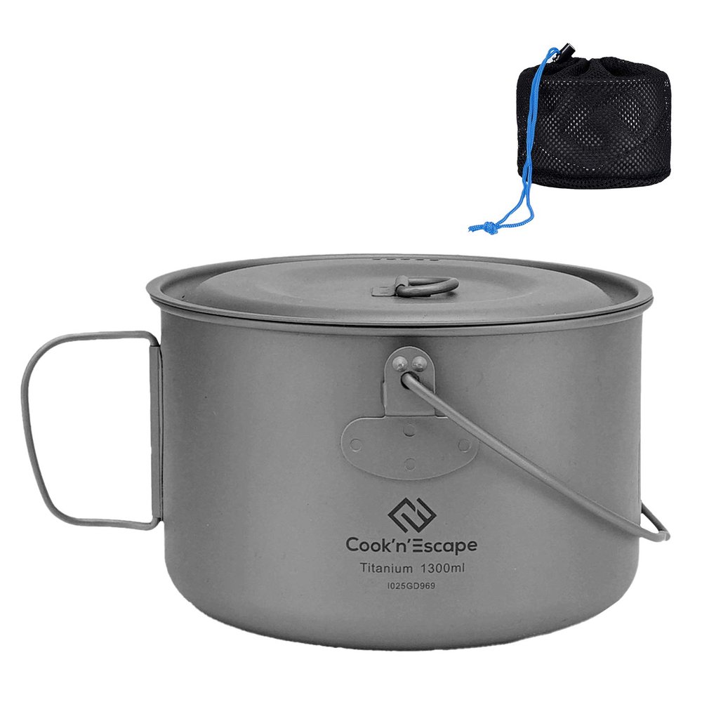 COOK'N'ESCAPE Cookware Pot with with Lid Cookware Pot Titanium Hanging Pot with Collapsible Foldable Bail Handle Outdoor Camping Backpacking Hiking Campfire