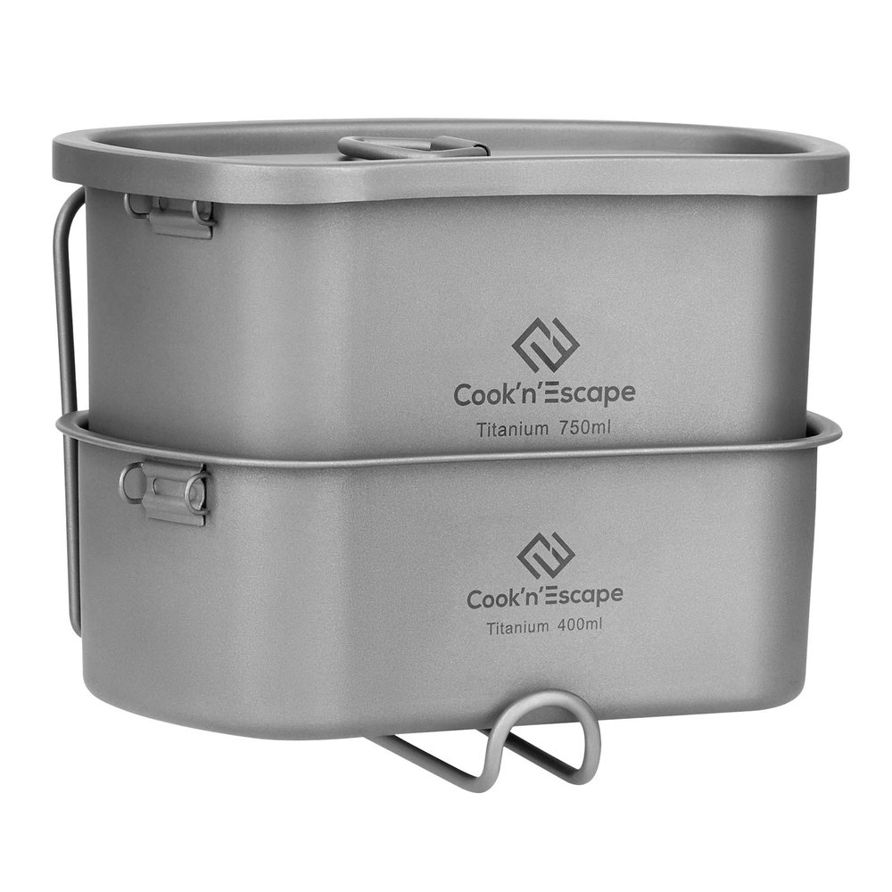 COOK'N'ESCAPE 750ML+400ML Titanium Canteen Mess Kit with Folding Handle Hanging Ring Ultralight Portable Camping Pots Set for Lunch Outdoor Camping Hiking Backpacking