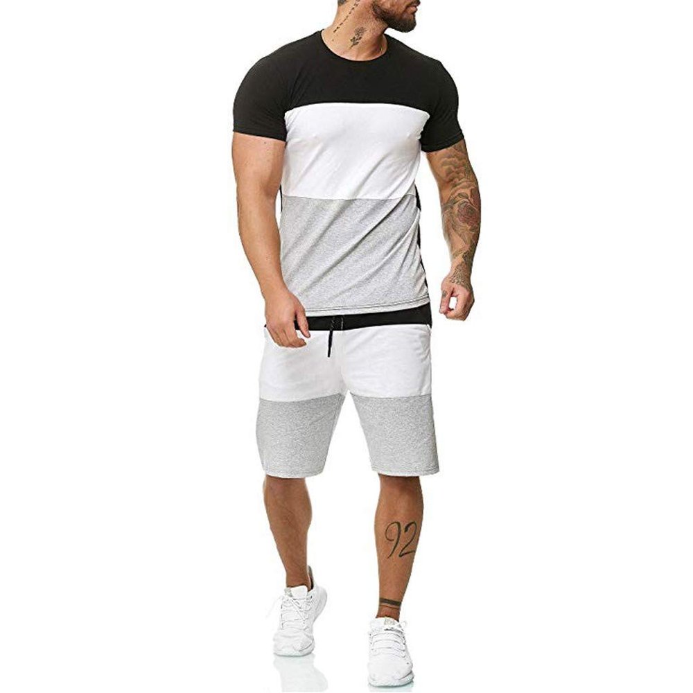 JOFOW Men's 2 Piece Outfits Sport Set Short Sleeve Summer Casual Top Tee Shirts Shorts Set Color Block Crewneck Fit Tracksuit(Black,XXL)