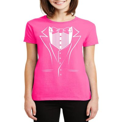 Veracco Women's White Tux with Bowtie Tuxedo Fake Suit Funny T-Shirts Party Favors Gifts