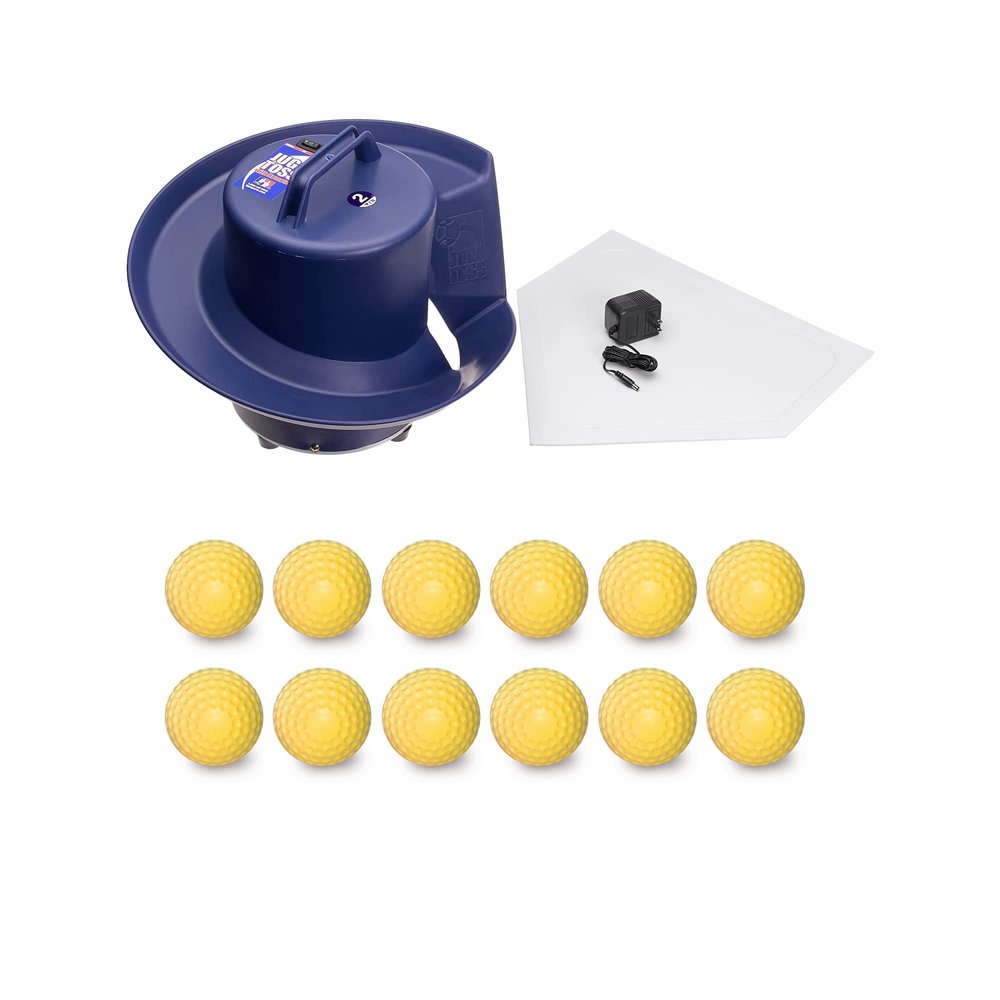 Jugs Toss Machine with 1-Dozen Sting-Free Yellow Dimpled Baseballs. Holds up to 14 Baseballs; Tosses One Ball Every 5 Seconds. RechargeableRuns up to 8 Hours.