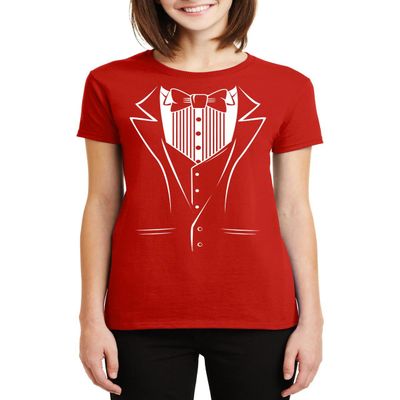 Veracco Women's White Tux with Bowtie Tuxedo Fake Suit Funny T-Shirts Party Favors Gifts
