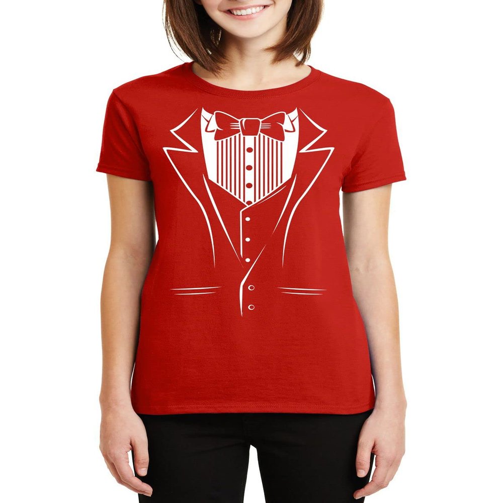 Veracco Women's White Tux with Bowtie Tuxedo Fake Suit Funny T-Shirts Party Favors Gifts