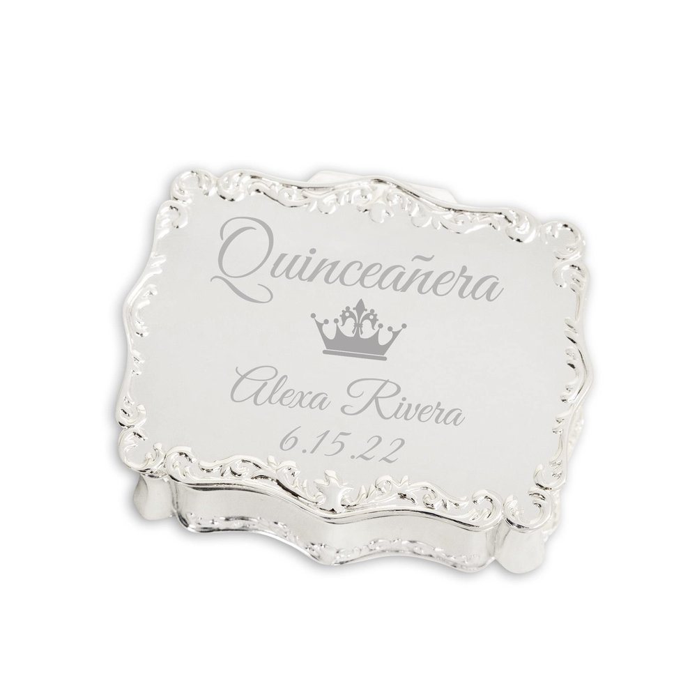 Cherished Moments Personalized Small Rectangle-Shaped Jewelry Keepsake Box with Custom Engraved Message for Quinceanera Gift, Silver Toned