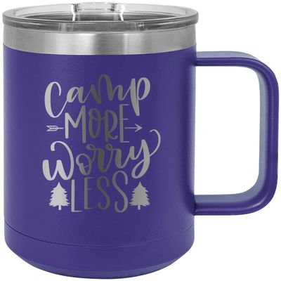 CustomGiftsNow Camp More Worry Less - Camping Stainless Steel Double-Wall Insulated 15-Ounce Truck Car Travel Coffee Cup Tumbler Mug with Handle, Sliding Lid