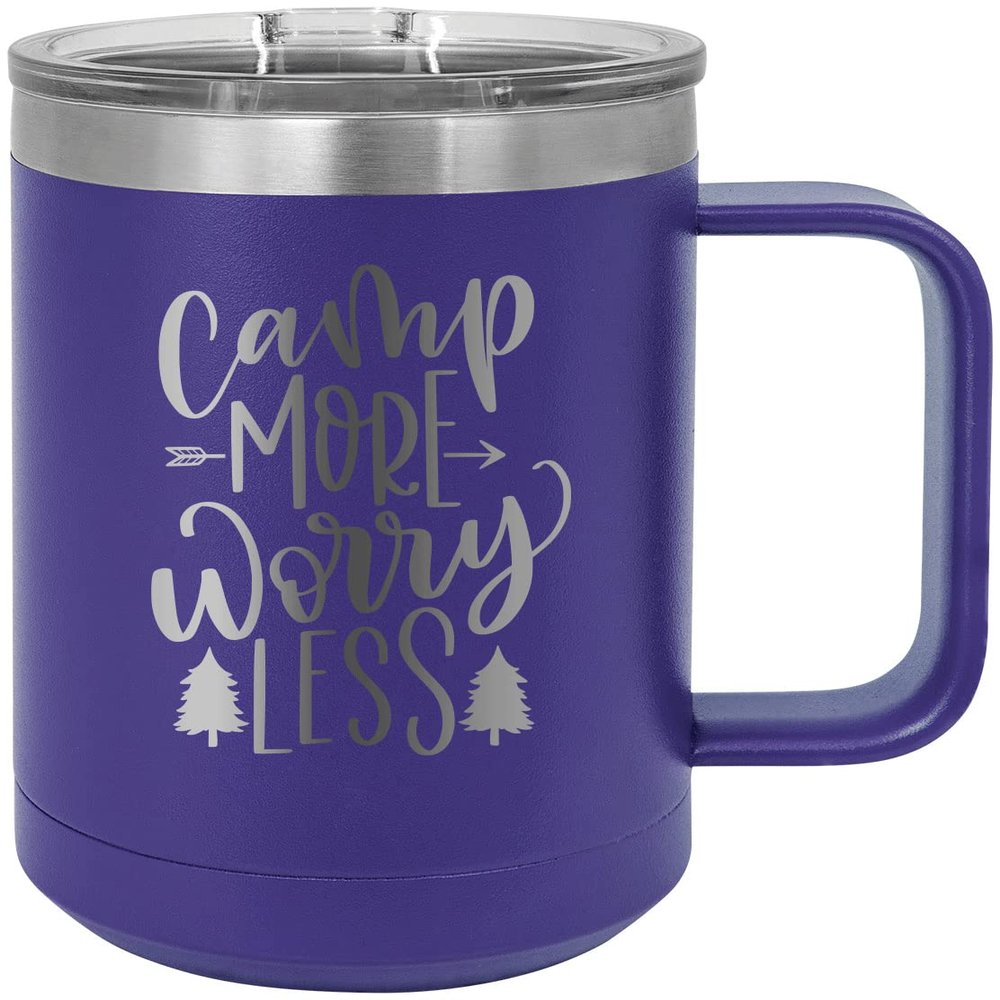 CustomGiftsNow Camp More Worry Less - Camping Stainless Steel Double-Wall Insulated 15-Ounce Truck Car Travel Coffee Cup Tumbler Mug with Handle, Sliding Lid
