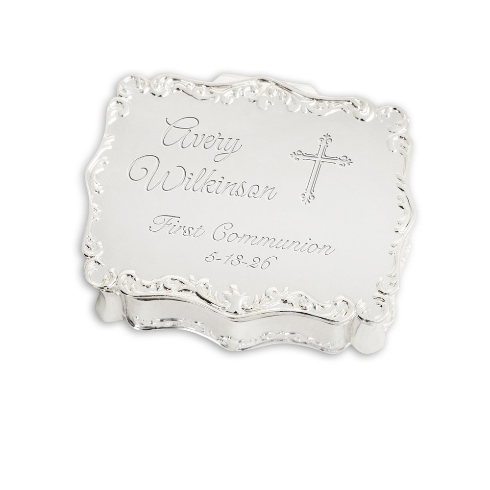 Cherished Moments Personalized Small Rectangle-Shaped Jewelry Box with Custom Engraved Name and Cross for First Communion Gift, Silver Toned