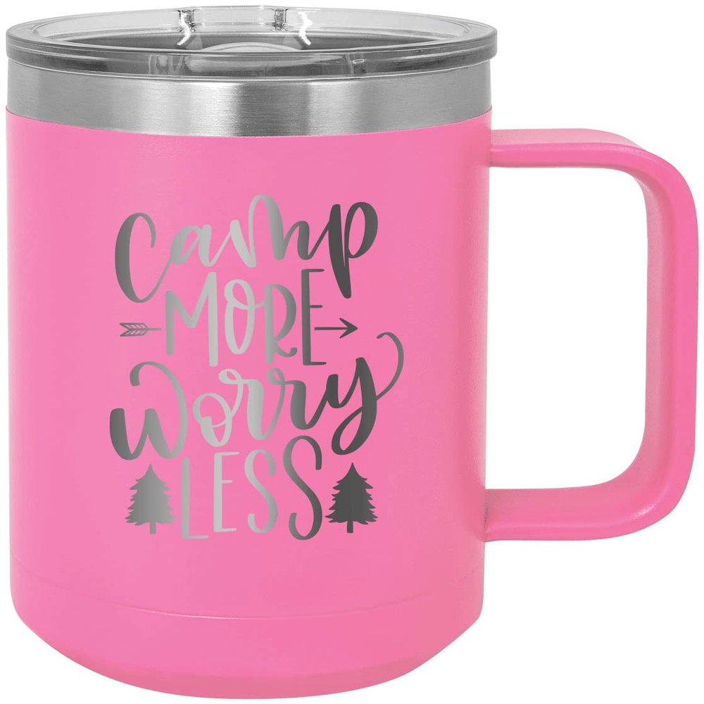 CustomGiftsNow Camp More Worry Less - Camping Stainless Steel Double-Wall Insulated 15-Ounce Truck Car Travel Coffee Cup Tumbler Mug with Handle, Sliding Lid