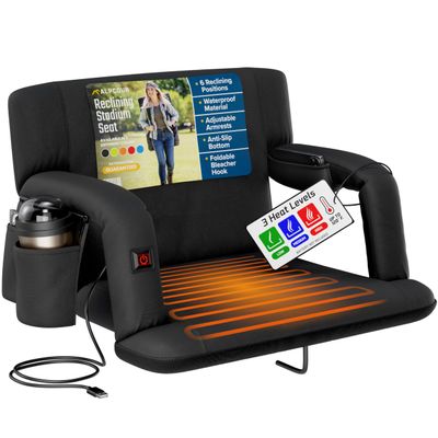 Alpcour Heated Reclining Stadium Seat for Bleachers  Wide Bleacher Chair with Back Support and Cushion, Armrests, Side Pockets, & Hook  Stadium Seats Chairs for Camping, Kayak, Paddle Board & More