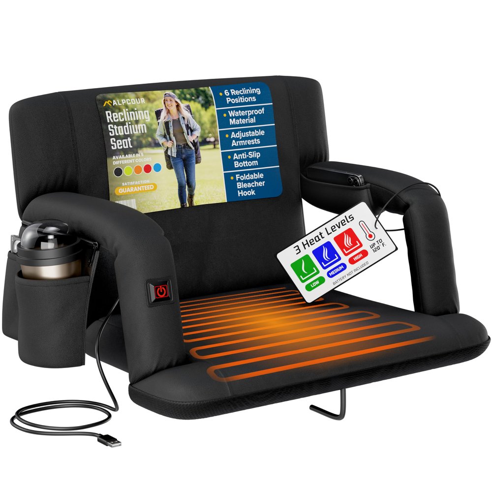 Alpcour Heated Reclining Stadium Seat for Bleachers  Wide Bleacher Chair with Back Support and Cushion, Armrests, Side Pockets, & Hook  Stadium Seats Chairs for Camping, Kayak, Paddle Board & More