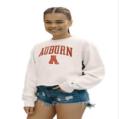 Auburn Tigers Womens Crop Crewneck Sweatshirt Vintage Arch Over White, Small