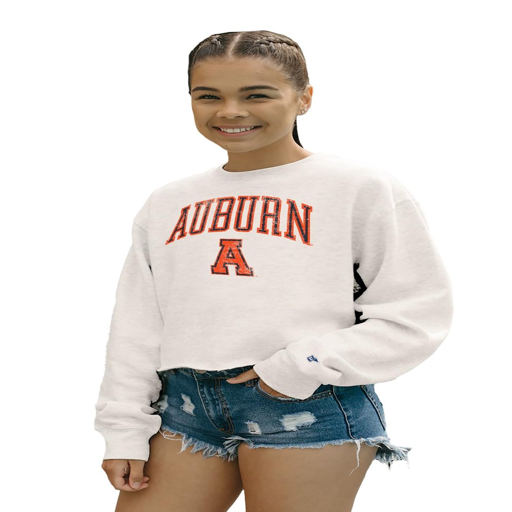 Auburn Tigers Womens Crop Crewneck Sweatshirt Vintage Arch Over White, Small