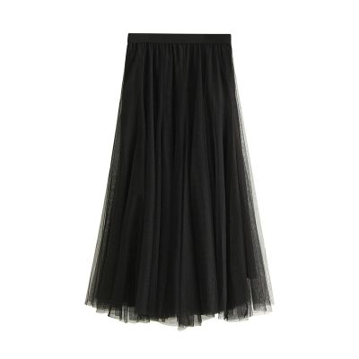 tuduoms Teen Girls Fairy Tulle Tutu Skirts Women Solid High Waist A-line Party Evening Cute Tea Length Flowy Midi Maxi Skirt Black