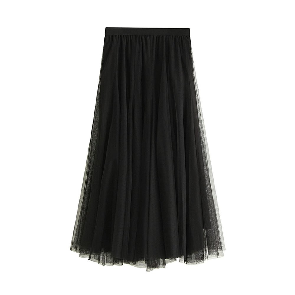 tuduoms Teen Girls Fairy Tulle Tutu Skirts Women Solid High Waist A-line Party Evening Cute Tea Length Flowy Midi Maxi Skirt Black