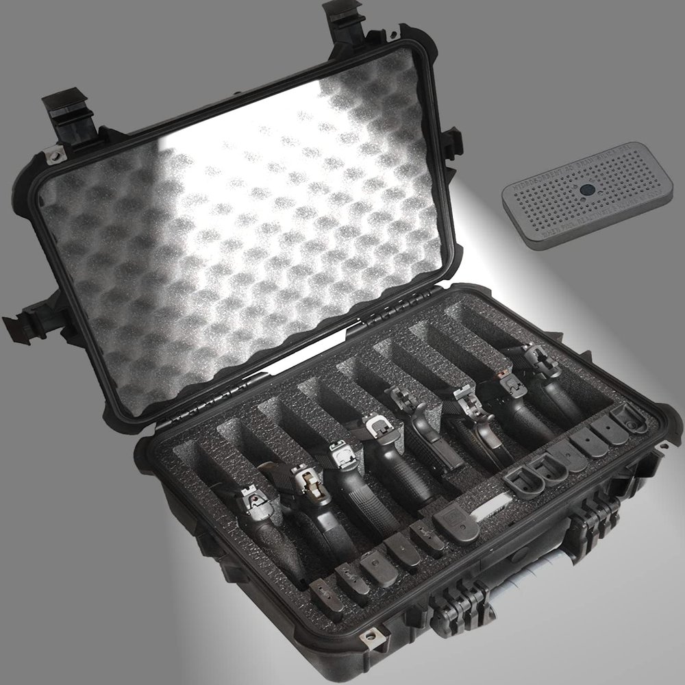 Case Club 8 Pistol and 20 Magazine with Emergency Light - Pre-Cut Heavy Duty Waterproof Case with Included Silica Gel Canister to Help Prevent Gun Rust (Lighted)