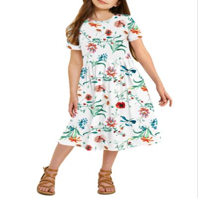 21KIDS Girls Floral Dress Kids Casual Short Sleeve Short Dress Midi Dress with Pockets, White, 10 Years