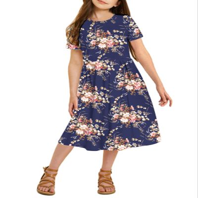 21KIDS Girls Floral Midi Dress Kids Casual Short Sleeve Tshirt Dress with Pockets, Navy, 10 Years