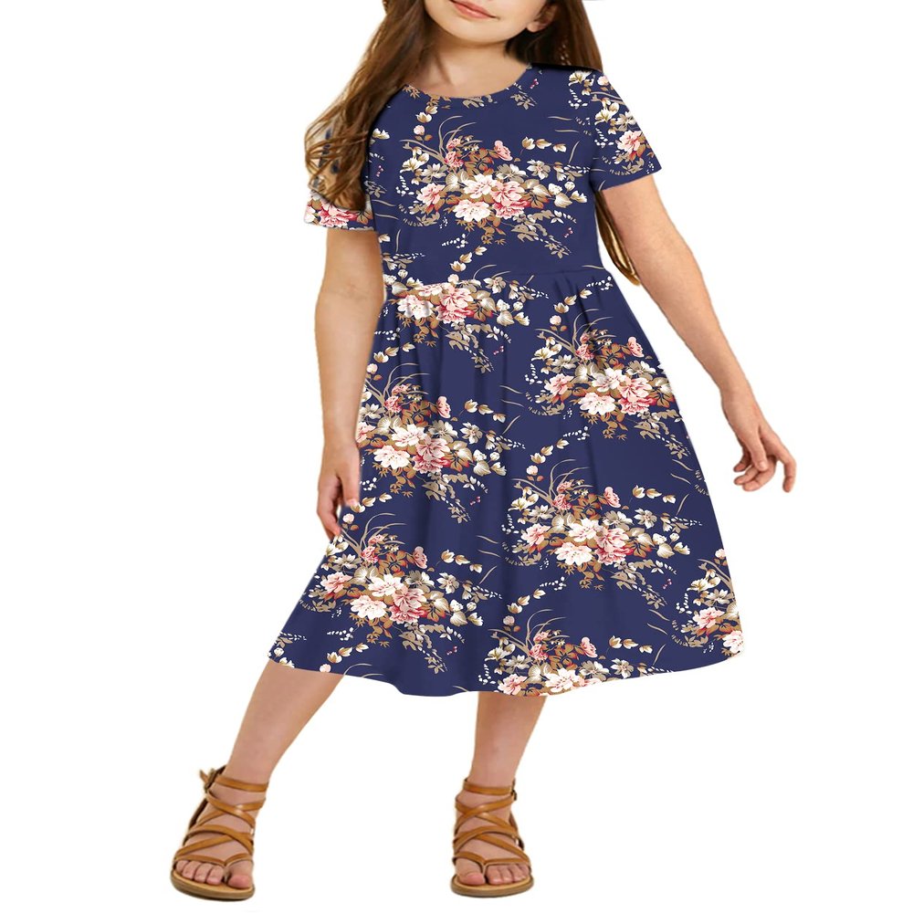 21KIDS Girls Floral Midi Dress Kids Casual Short Sleeve Tshirt Dress with Pockets, Navy, 10 Years