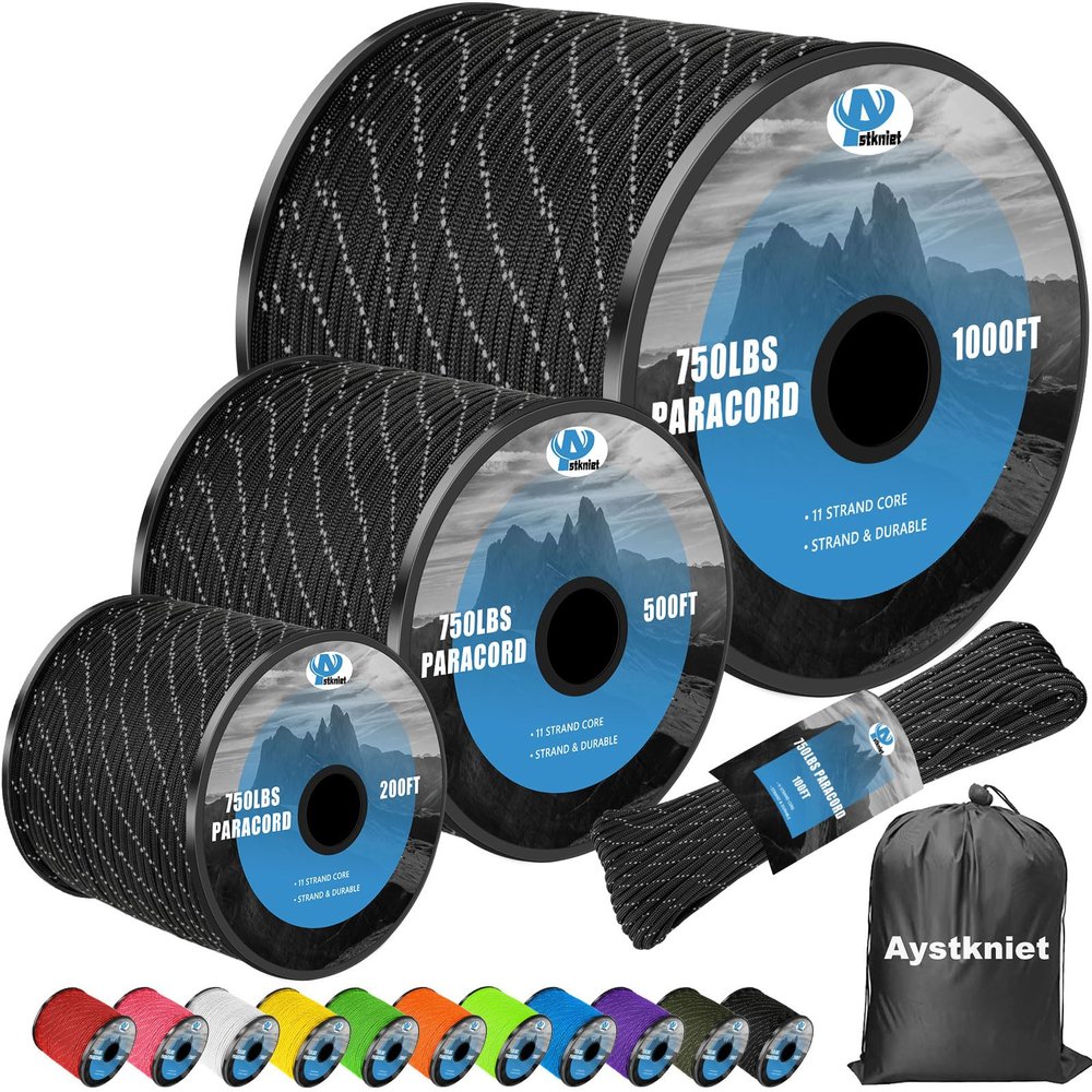 750Ib Reflective Paracord Rope,500', 4mm 11 Strand Parachute Spool Cord with Collecting Bag, para Cord Lanyard for Hammock, Camping, Hiking