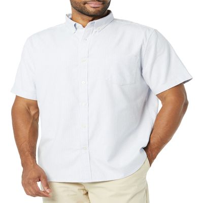 Amazon Essentials Men's Slim-Fit Short Sleeve Stretch Oxford Shirt with Pocket, Powder Blue Vertical Stripe, Large