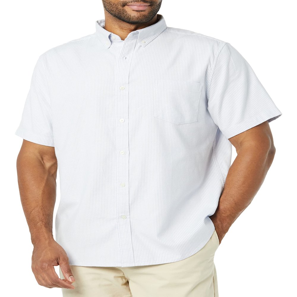 Amazon Essentials Men's Slim-Fit Short Sleeve Stretch Oxford Shirt with Pocket, Powder Blue Vertical Stripe, Large