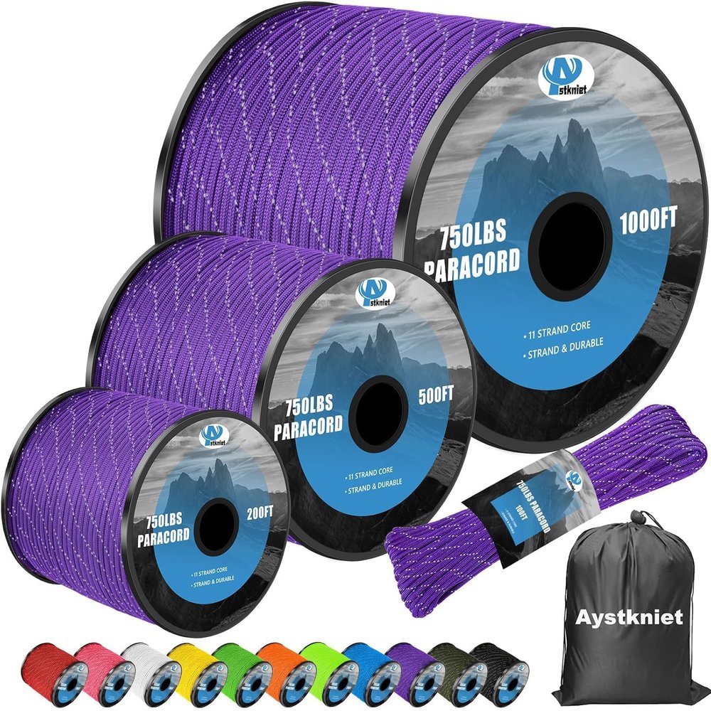 750Ib Reflective Paracord Rope,200', 4mm 11 Strand Parachute Spool Cord with Collecting Bag, para Cord Lanyard for Hammock, Camping, Hiking