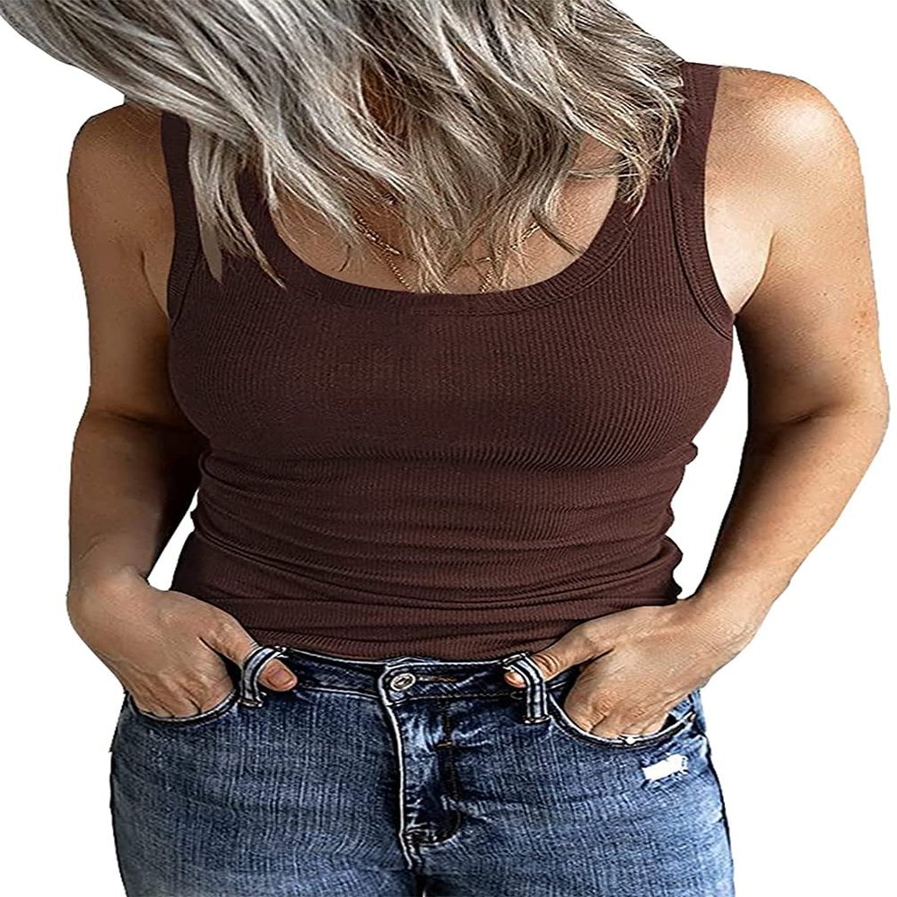 GEMBERA Women's Sleeveless Scoop Neck Ribbed Tank Tops Fitted Basic Chocolate Brown Tank Shirt