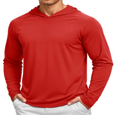 TACVASEN Long Sleeve Shirts for Men Lightweight Hoodie Men Dry Fit Active Hooded Shirts Sun Protection Hoodies SPF Tee Red L