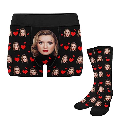 Artsadd Custom Face Men Boxers Briefs Socks, Personalized Heart Multiple Faces Underwear Underpants Gifts for Husband Boyfriend