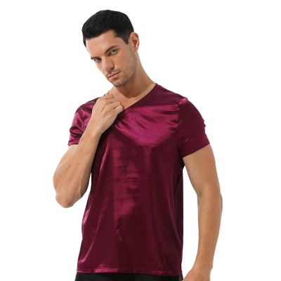 Fldy Men V Neck Short Sleeve Satin T-Shirt Loose Slip On Pajamas Tops Loungewear Silky Nightshhirt Burgundy X-Large