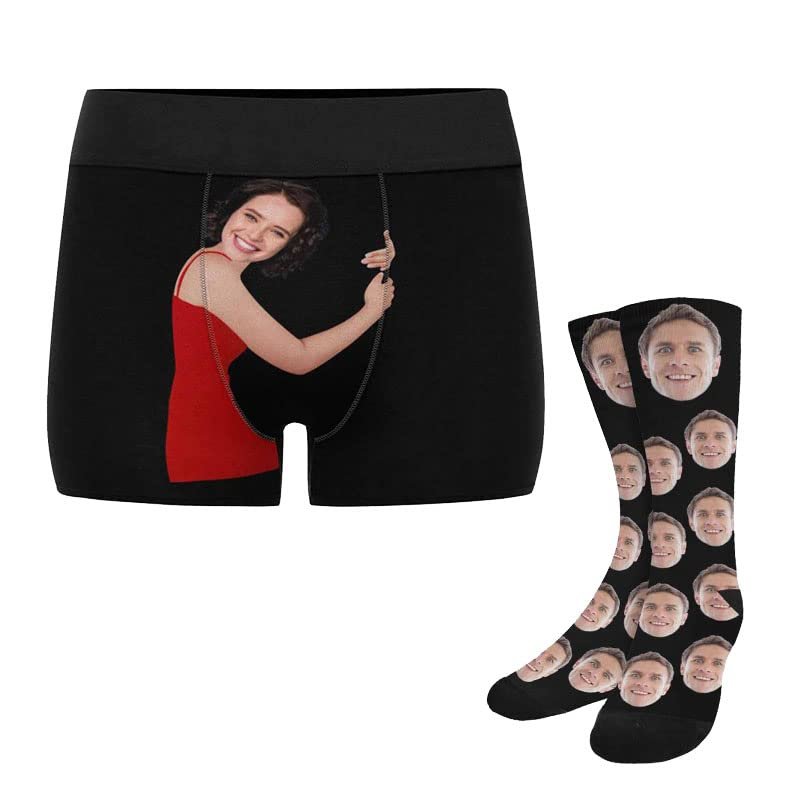 Artsadd Custom Face Men Boxers Briefs Socks, Personalized Hug Underwear Underpants Gifts for Husband Boyfriend