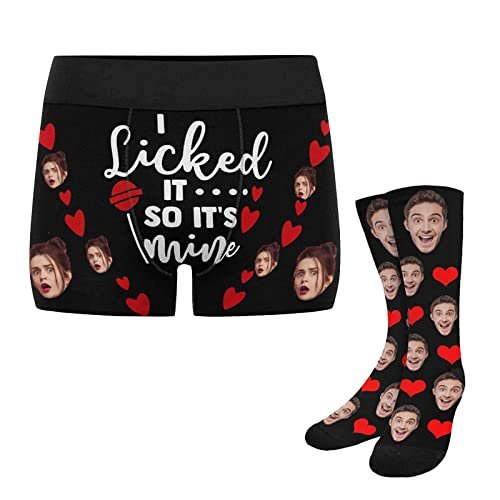 Artsadd Custom Face Men Boxers Briefs Socks, Personalized Licked It's Mine Underwear Underpants Gifts for Husband Boyfriend