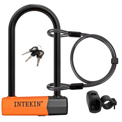 INTEKIN Bike U Lock, 16mm U-Shape, Orange, Key Lock, 2-in-1 Lock Type, Enhanced Security, 2 Keys, Mounting Bracket, Bicycle Security