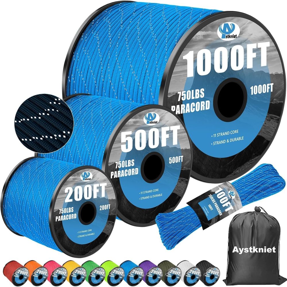 750Ib Reflective Paracord Rope,500', 4mm 11 Strand Parachute Spool Cord with Collecting Bag, para Cord Lanyard for Hammock, Camping, Hiking
