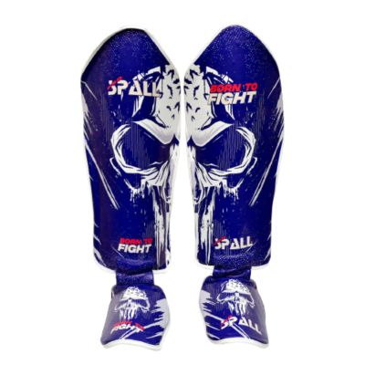Spall Pro US Muay Thai Guards Shin Guards for Kickboxing Martial Arts BJJ Boxing Sparring with MMA Foot Protector - Born to Fight Blue (X-Large)