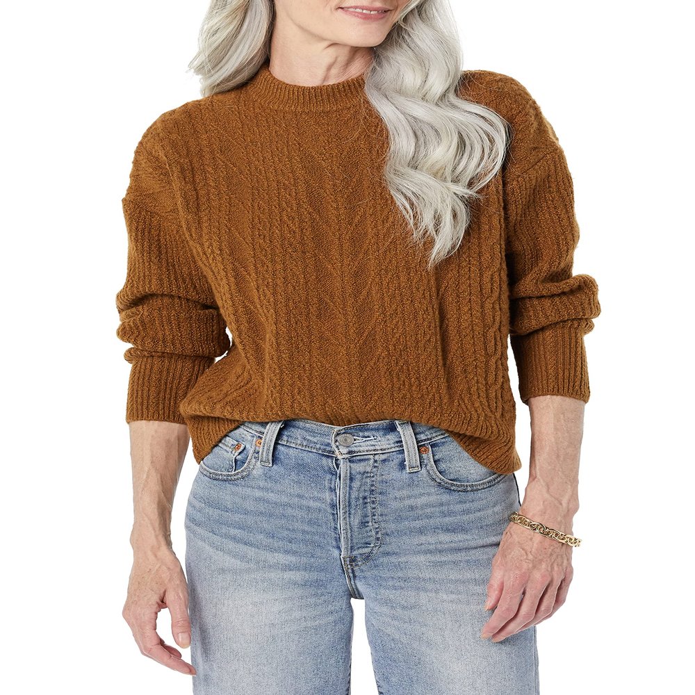 Amazon Essentials Women's Cable Knit Sweater, Soft-Touch Modern Crewneck, Dark Camel, Small, Plus Size Available