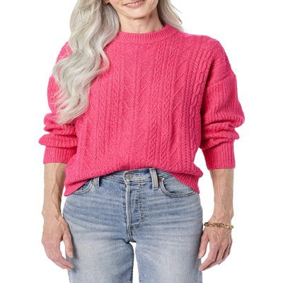 Amazon Essentials Women's Cable Knit Sweater, Soft-Touch Modern Crewneck, Hot Pink, Medium, Plus Size Available