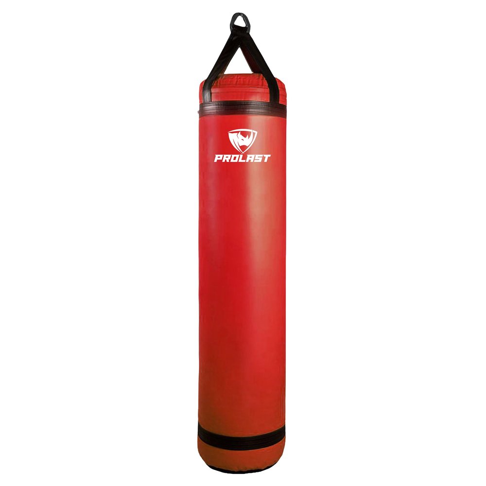PROLAST Heavy Punching Kicking Bag for Adults, Boxing, MMA, Martial Arts, Muay Thai, Strength Training Equipment, Unfilled, 5ft, 100 lbs, with Bottom D-Ring, Colored Strap and Rhino Logo, Red