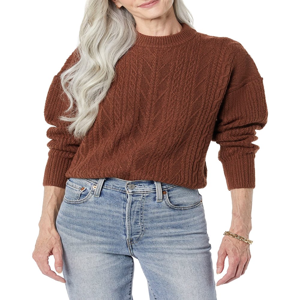 Amazon Essentials Women's Cable Knit Sweater, Soft-Touch Modern Crewneck, Dark Toffee Brown, XX-Large, Plus Size Available