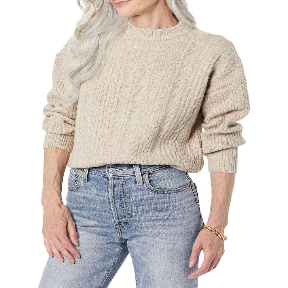 Amazon Essentials Women's Cable Knit Sweater, Soft-Touch Modern Crewneck, Tan Heather, XX-Large, Plus Size Available