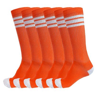 3 Pairs of juDanzy Knee High Boys or Girls Stripe Tube Socks for Soccer, Basketball, Uniform and Everyday Wear (10-15 Years, Orange With White Stripes (3 Pairs))