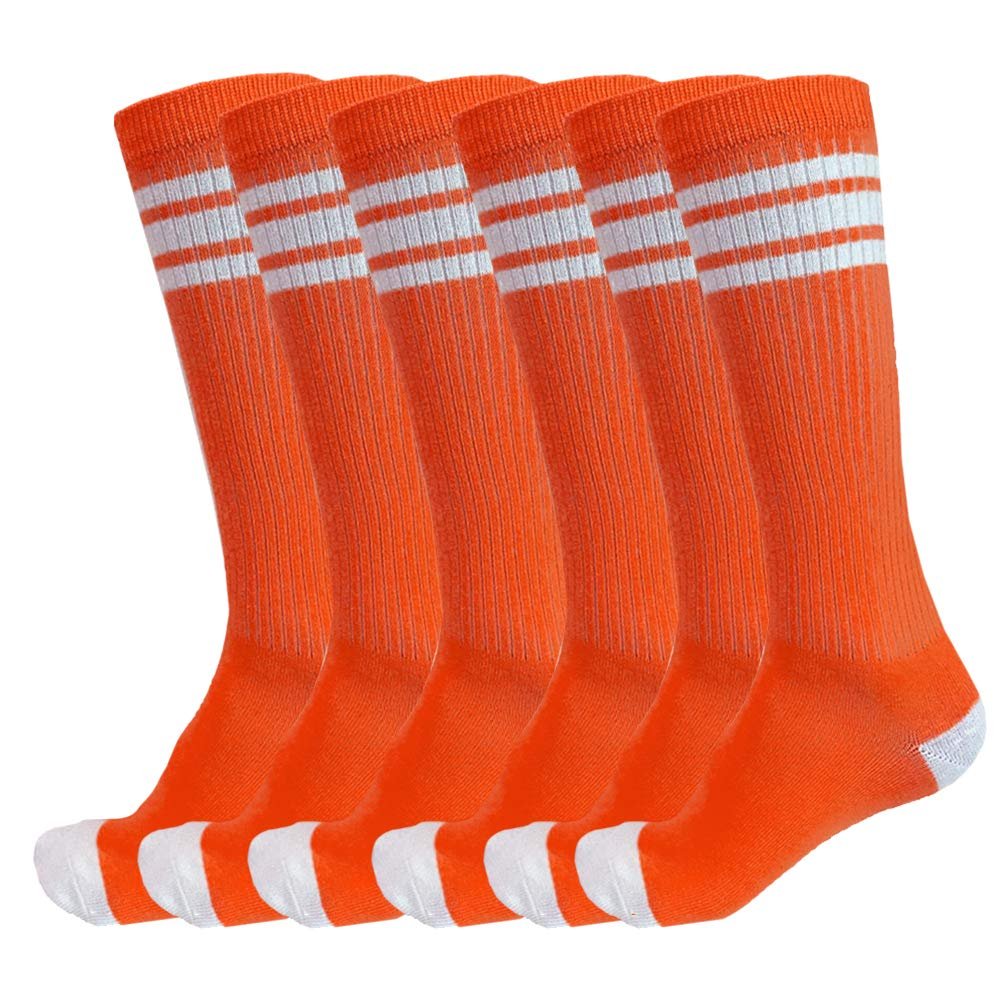 3 Pairs of juDanzy Knee High Boys or Girls Stripe Tube Socks for Soccer, Basketball, Uniform and Everyday Wear (10-15 Years, Orange With White Stripes (3 Pairs))