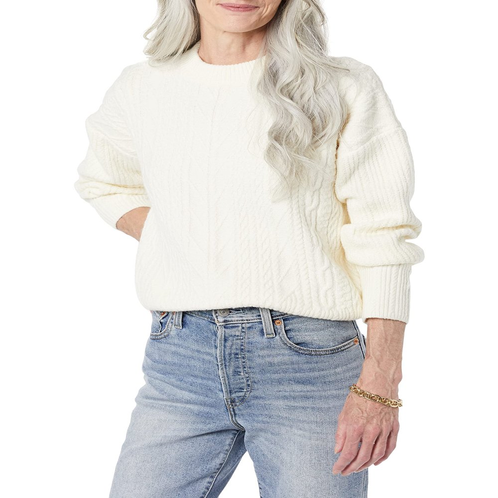 Amazon Essentials Women's Cable Knit Sweater, Soft-Touch Modern Crewneck, Ivory, Large, Plus Size Available