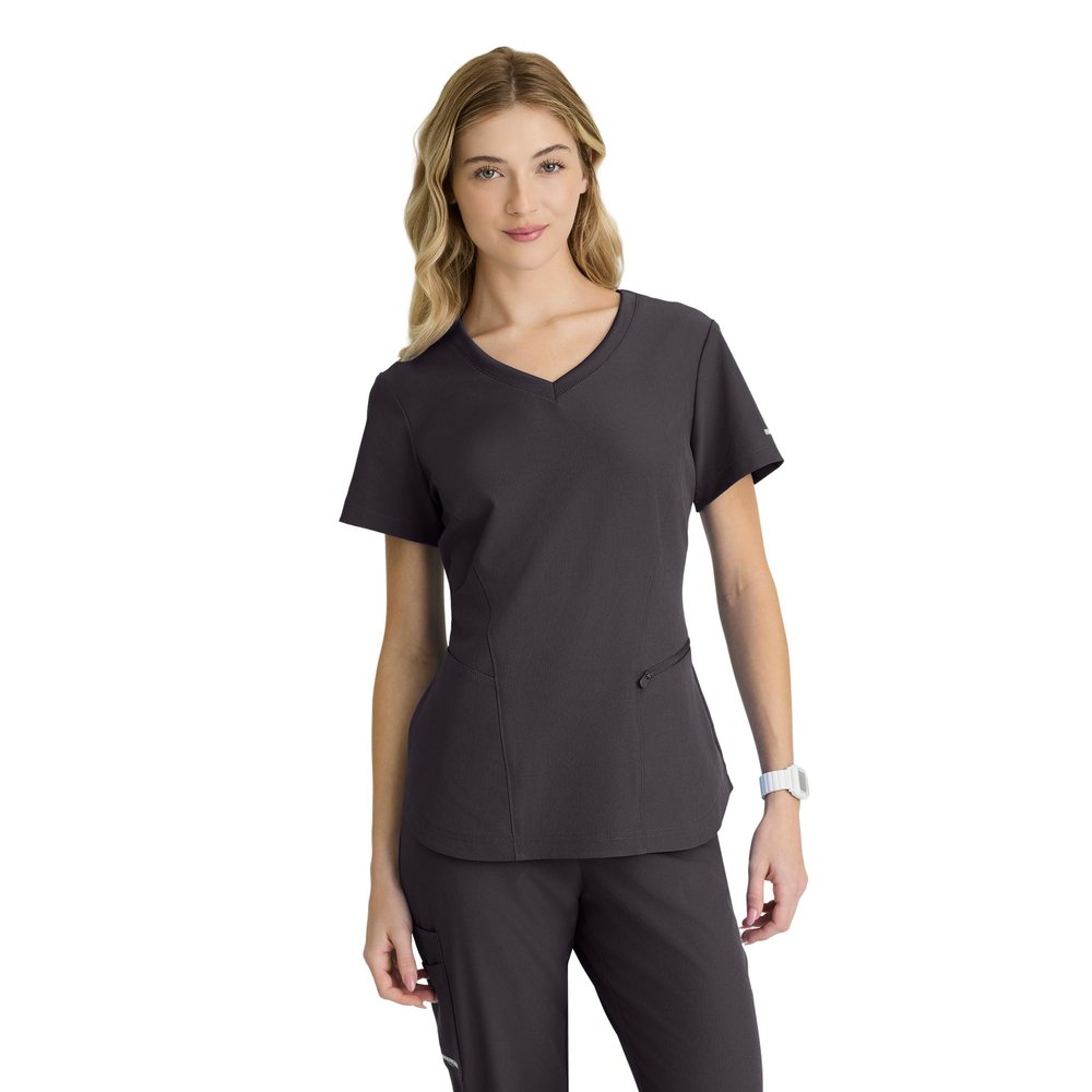 Skechers by Barco Vitality Electra Classic Fit Scrub Top for Women  Pewter, 3-Pocket Classic V-Neck Top w/ 4-Way Stretch  Moisture Wicking, Quick-Shed, Anti-Static  XL, Regular Fit