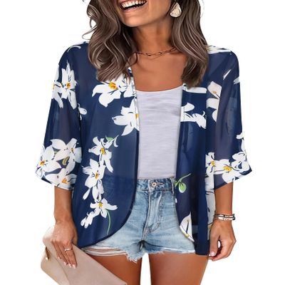 Women's Floral Kimono Cover Ups Chiffon Summer Lightweight Cardigans Hawaiian Shirts Tropical Tops Beach Boho Maternity Navy Blue Medium
