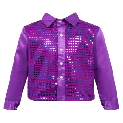 Freebily Boys Girls Glittery Sequins Dance Top for Jazz Hip Hop Prom Dance Party Athletic Shirt Stage Performance Costume Purple (Long Sleeve Spread Collar Shirt) 4-5