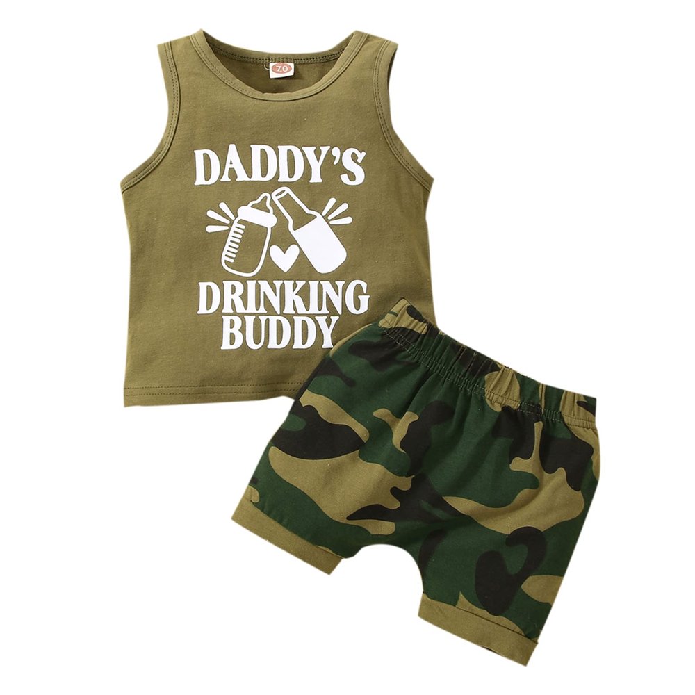 ITFABS Toddler Baby Boy Little Guy Print T Shirt Tees Tank Tops+Camouflage Short Pants Outfit Set Summer Clothes (Army Green A, 18-24 months)