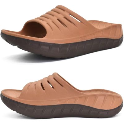 KuaiLu Mens Recovery Sandals Orthotic Arch Support Open Toe Sport Slides Thick Cushion Orthopedic Plantar Fasciitis Wide Width Summer Pool Beach Waterproof Walking Slippers Khaki Brown Size 10
